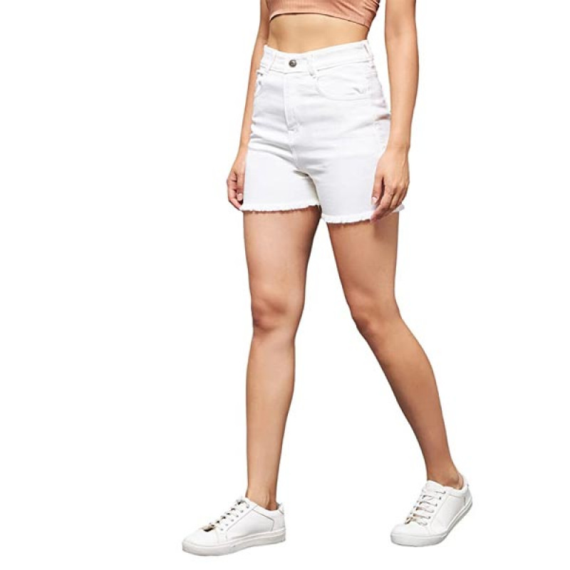 Women's White Regular High Rise Clean Look Regular Stretchable Denim Shorts